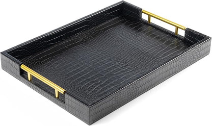 17" x 12" Wood Serving Tray with Gold Polished Metal Handles, Home Decorative Wooden Rectangle Ottoman Leather Decor Platter Bathroom Vanity Tray for All Occasions Alligator Black