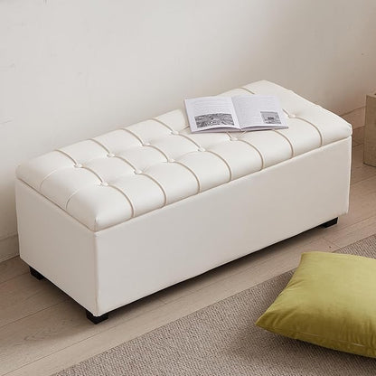 Small 38 Inches Long White Ottoman Bench with Storage,Footstool Furniture End of Bed Benches,Faux Leather Ottomans and Seat for Foot Rest in Bedroom, Living Room, Entryway