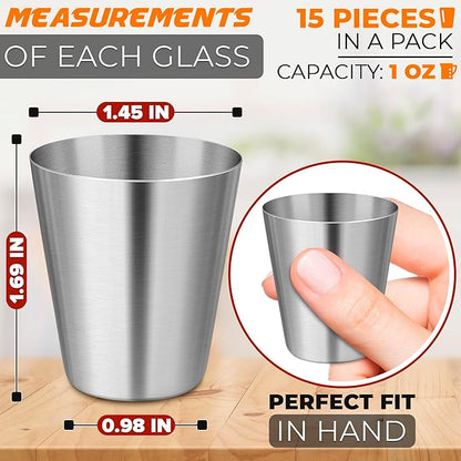 VIKROM 15 Pcs Stainless Steel Shot Glasses - 30ml (1oz) Tiny Metal Shot Glasses, Lightweight and Easy to Store, Durable Metal Shots for Parties, Easy to Clean, Good for Hiking, Travels, and Picnics