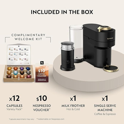 Nespresso Festive Vertuo Pop+ Deluxe Coffee and Espresso Maker by Breville with Milk Frother, Matte Black Gold