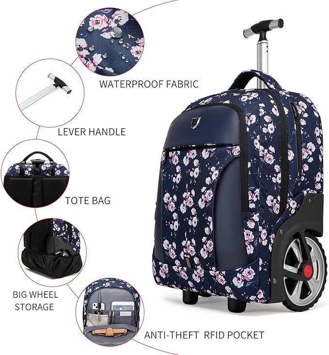 Rolling Backpack,Waterproof Backpack with Wheels for Business and Travel Commuter, Carry on Backpack with Laptop Compartment, Fit 17 Inch Laptop, Wheeled Backpack for Adults