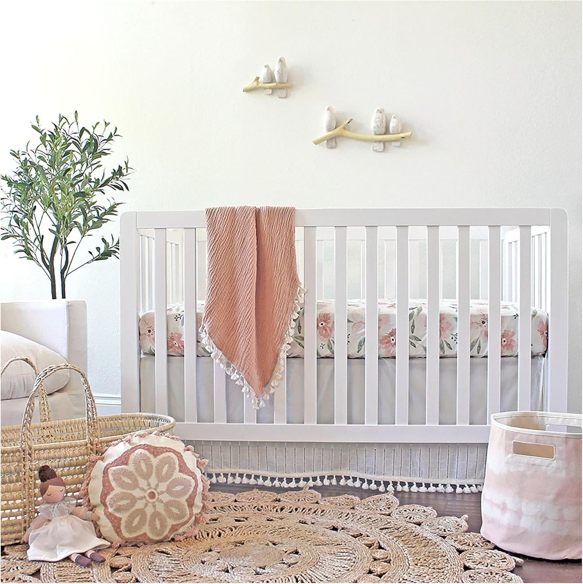 Crane Baby Floral Crib Sheets, 100% Cotton, Breathable Baby Bedding for Standard Mattress, Pink Nursery Decor, Machine Washable Pink Floral Crib, Toddler Sheets