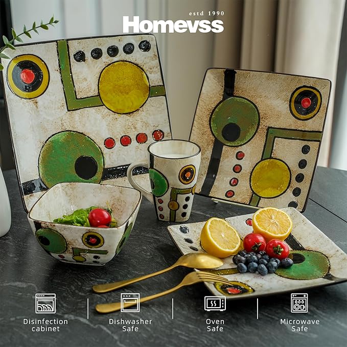 16pc Dinnerware Set, Stoneware Artisan Hand Painted Impressionism Pond, Reactive Glaze