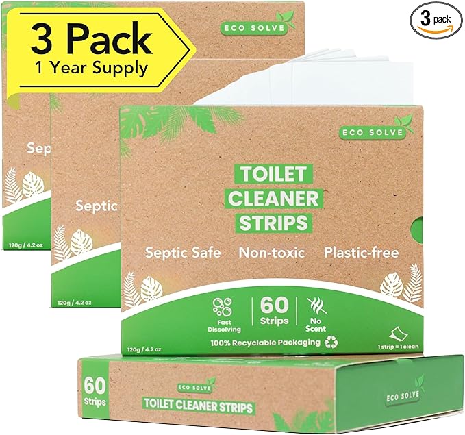 Natural Toilet Bowl Cleaner Strips, Unscented, Eco-friendly, Non-toxic, Septic Safe, Removes Odors & Stains, Plastic-free, Toilet Bowl Cleaner for Quick and Easy Cleaning (180 count)