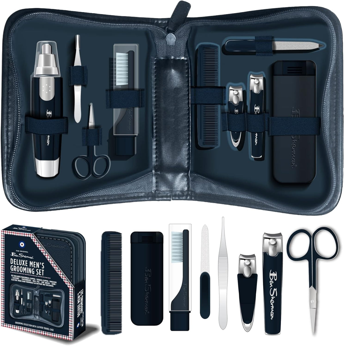 Ben Sherman Nail Clipper Set for Men, 10 Pcs Deluxe Grooming Kit for Men - Includes Nail Clippers, Nose Hair Trimmer, Tooth Brush, Scissors and More. Men's Grooming Kit