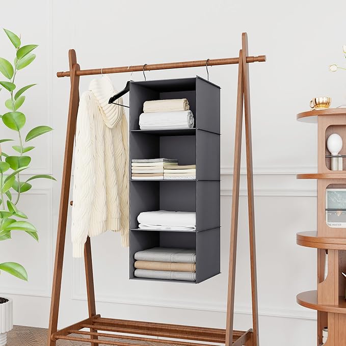 Hanging Closet Organizer, Easy Mount Foldable 4-Shelf Hanging Closet Wardrobe Storage Shelves, Clothes Handbag Shoes Accessories Storage, Washable Oxford Cloth Fabric, Dark Grey