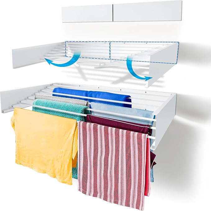 Step Up Laundry Drying Rack (Extra Large: 47 Inches, 12 Lbs), Wall Mounted, Retractable Clothes Drying Rack, 70lbs Capacity, 27 Linear Ft, with Wall Template and Long Drill Bit (47" White)