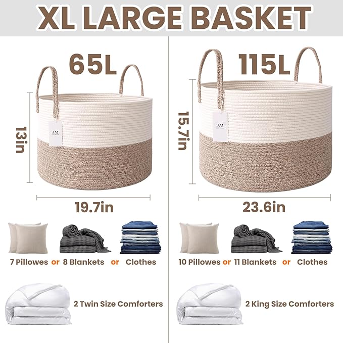 Woven Blanket Basket,65L Large Rope Storage Bin with Handles, Organizer for Blankets Toys Book and Clothes, Laundry Basket for Living Room Bedroom Nursery,White&Brown
