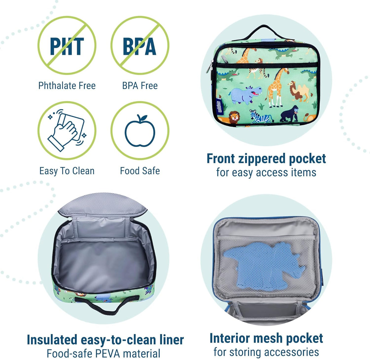 Wildkin Kids Insulated Lunch Box – Durable and Reusable for School & Travel - Wild Animals
