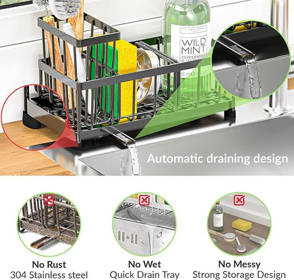 Self-Draining Kitchen Sink Caddy with Elevated Brush Holder – Rustproof Stainless Steel Multipurpose Sponge Holder for Kitchen Sink Organizer with Durable Design for Countertop