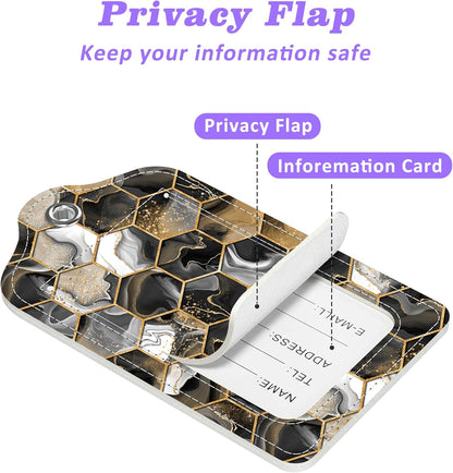 Gold Ink Hexagon Texture Luggage Tags 2PCS PU Leather Suitcases Tag with Stainless Steel Loop and Privacy Name Address Cover Label Card for Women Men Travel