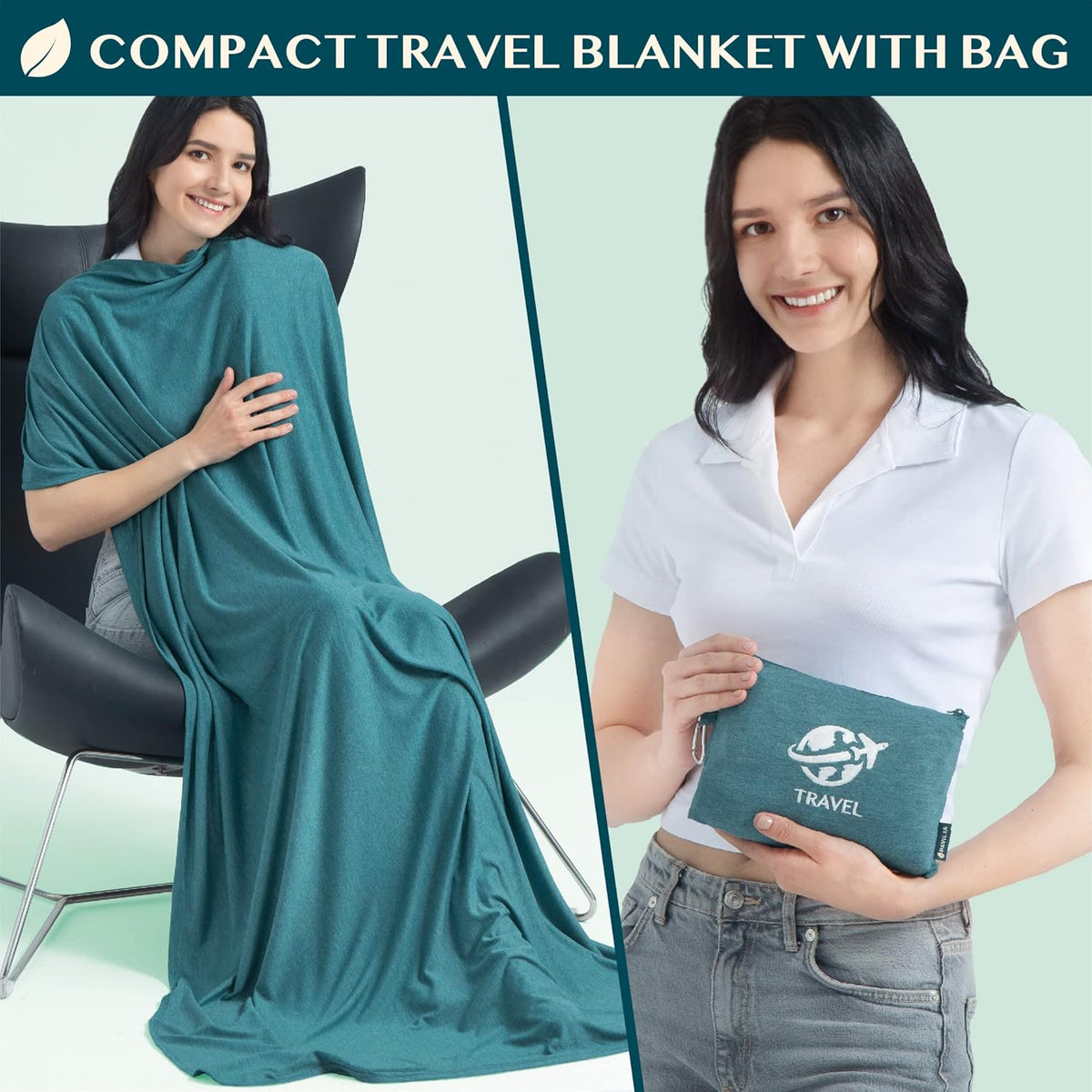 PAVILIA Travel Blanket Airplane Compact with Bag, Small Travel Pillow Blanket Long Flights, Lightweight Plane Blanket with Luggage Strap, Camping Blanket for Traveler Essentials, Teal Blue, 65x40