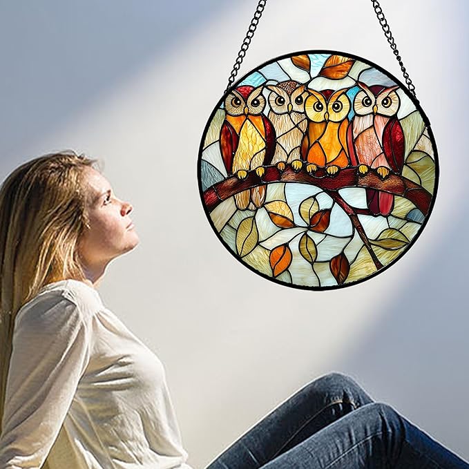 Stained Glass Window Hanging, 4 Owls on a Branch Sun Catcher for Door Home Decor White Brown Bird Suncatcher Christmas Mother's Day Birthday Gifts for Women Men Mom and Nana 6.3 in