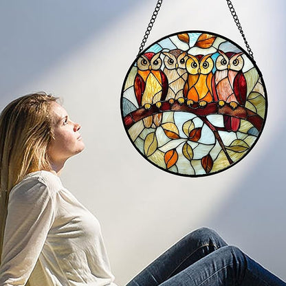 Stained Glass Window Hanging, 4 Owls on a Branch Sun Catcher for Door Home Decor White Brown Bird Suncatcher Christmas Mother's Day Birthday Gifts for Women Men Mom and Nana 6.3 in