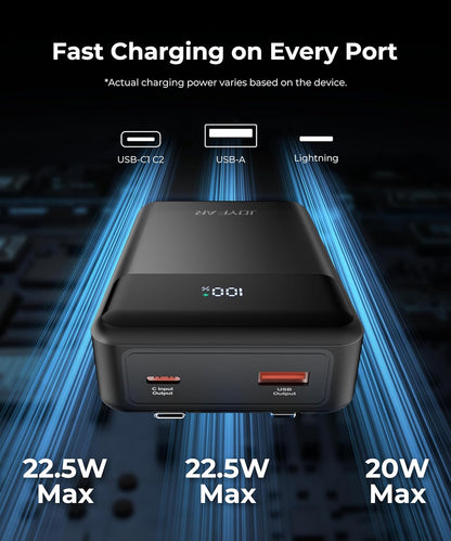 Portable-Charger-Power-Bank Travel Essentials Battery Pack USB C 30000mAh Built in Cable 22.5W Phone Fast Charging Powerbank Compatible with iPhone 16 15 14 13 12 11 iPad Samsung Google (Black)