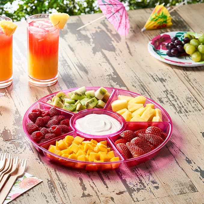 Plasticpro 6 Sectional Round Plastic Serving Tray/Platters Pink Pack of 2