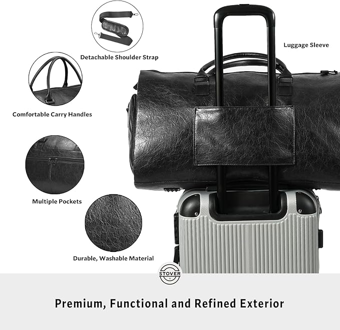 STOVER Garment Travel Duffle Bag, Large 2-in-1 Convertible Carry-on Luggage for Men & Women- Hanging Suits, Dresses & Clothes + Shoe Compartment- Weekender Tote Combo Duffel (Black Leatherette)