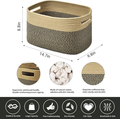 Storage Basket,Woven Baskets for Storage,Cotton Rope Baskets for Organizing,book,towel Basket,Toy Basket or Storage Bins - 3 Pack,Black and Brown