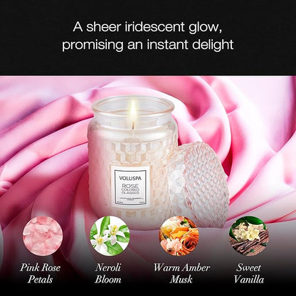 Voluspa Rose Colored Glasses, Large Candle Jar, 18 Ounce, 100 Hour Burn Time, Coconut Wax for Clean Burning, Handcrafted in The USA