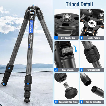 42.2" Carbon Fiber Travel Tripod with 4-Section Leg, Professional Shoot Tripod for Travel/Video/Live Streaming, Max Load 13.23lb with 1/4"-20 Threaded Accessory Socket