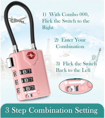 Search Alert TSA Approved Travel Combination Luggage Cable Locks for Suitcase, Gym Locker,Toolbox,Backpack 1,2,4,6 &10 pk (Pink 2 Pack)