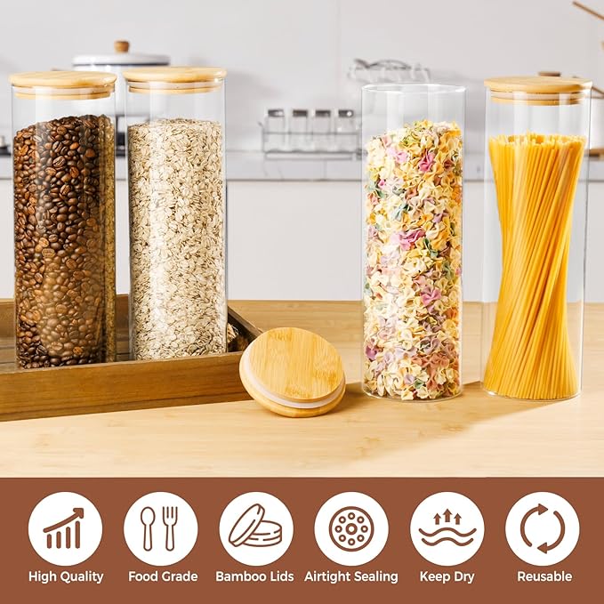 60oz Glass Storage Containers with Lids for Pasta Spaghetti, Tall Glass Jars with Airtight Wood Lids, Kitchen Food Storage Pantry Jars, For Cookies Flour Cereal Sugar Tea Coffee Beans (Set of 4)