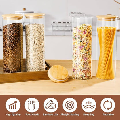 60oz Glass Storage Containers with Lids for Pasta Spaghetti, Tall Glass Jars with Airtight Wood Lids, Kitchen Food Storage Pantry Jars, For Cookies Flour Cereal Sugar Tea Coffee Beans (Set of 4)