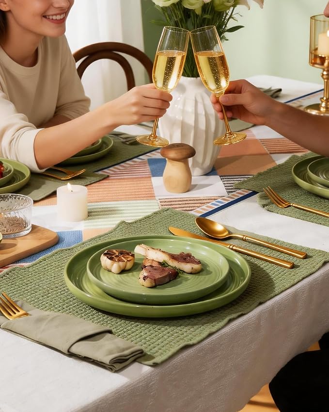Dinnerware Sest for 8, Ceramic Plates & Bowls, Olive Green | 24-Piece Ceramic