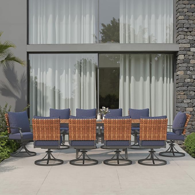 Grand patio 11-Piece Outdoor Dining Set, 10 Leather-Look Wicker Blue Swivel