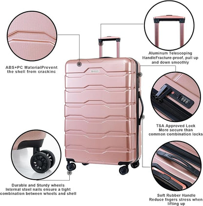 Luggage Set 3 Piece, PC+ABS Lightweight Suitcase Sets with Spinner Wheels, Hard shell Luggage Sets with TSA Lock RoseGold (20/24/28)