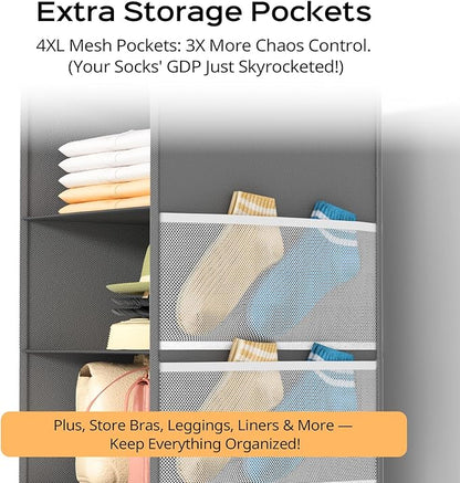 Extra Deep Hanging Closet Organizer with 6 Shelves and Oversized Mesh Pockets, Heavy-Duty Structure, No Deformation, Max Storage for Clothes, Shoes, Hats, Dorms and RVs, Grey,1-Pack