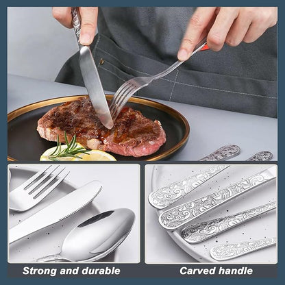 Runfly Vintage Carved Silver Stainless Steel 20-Piece Flatware Set | Silverware