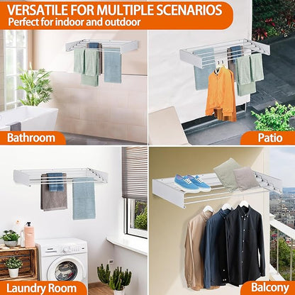 FOCHIER F Laundry Drying Rack Wall Mounted Clothes Drying Rack Collapsible with 5 Aluminum Rods and Drilling Template Long Screwdriver Bit 60 lbs Capacity (White, 31.5")