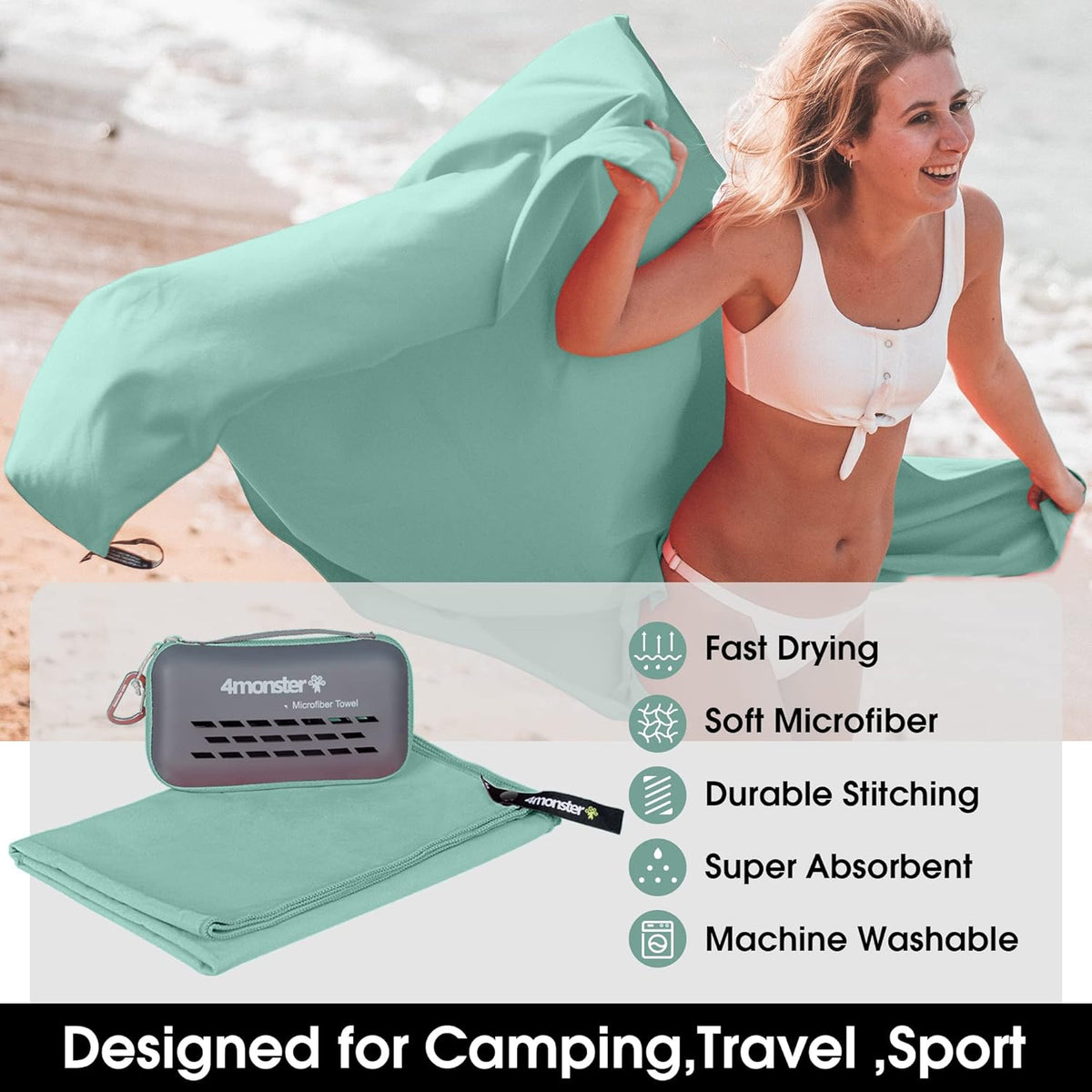 4Monster Camping Towel Super Absorbent, Quick Dry Microfiber Travel Towel, Light Weight Ultra Soft Compact Gym Towel for Hiking Swimming Beach Yoga Travel Sports Backpack