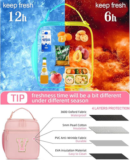 Initial Insulated Lunch Bag for Girls Kids, Back to School Gift, Reusable Leak-proof Lunch Box with Adjustable Strap for School Daycare Travel Picnic (Pink,V)