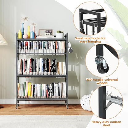 Book Carts 4 Tier 46.5x35.4x9.84 in Rolling Book Cart Large Capacity Bookshelf Storage Rack Mobile Book Storage with Wheels Cart for Home Office Living Room Classroom (Black)