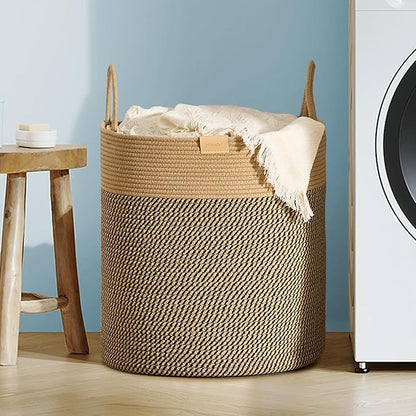 80L Laundry Hamper Basket,Baby Nursery Woven Storage Basket for Toys Bin,Pillows,Blankets,Clothes,Dark&Brown