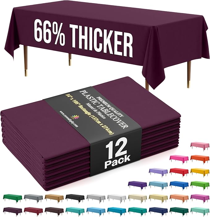 Exquisite 66% Thicker Premium Plastic Table Cloth Rectangle Table Cover 0.5 Mil 12 Pack Plum Table Cloth 54 Inch x 108 Inch Disposable Tablecloth Won't Tear Easily Like Cheap Thin Brands