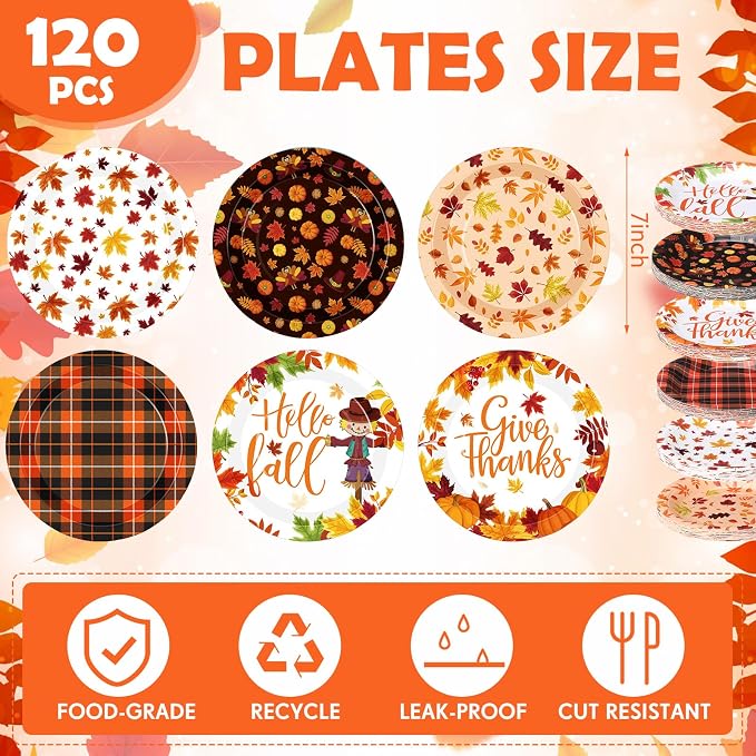 120 Pcs Fall Paper Plates 7 Inch Hello Fall Dessert Plates, Maple Leaves Dinner