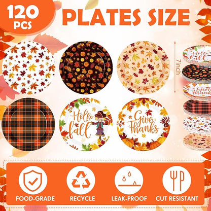 120 Pcs Fall Paper Plates 7 Inch Hello Fall Dessert Plates, Maple Leaves Dinner