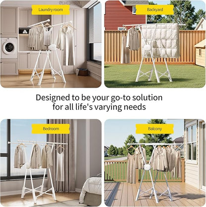 BIREN Clothes Drying Rack Heavy Duty Clothing Racks Extending Laundry Rack Two Drying Modes Garment Racks for Drying Clothes, Adjustable Length from 32-55 Inches for Indoor Outdoor Use