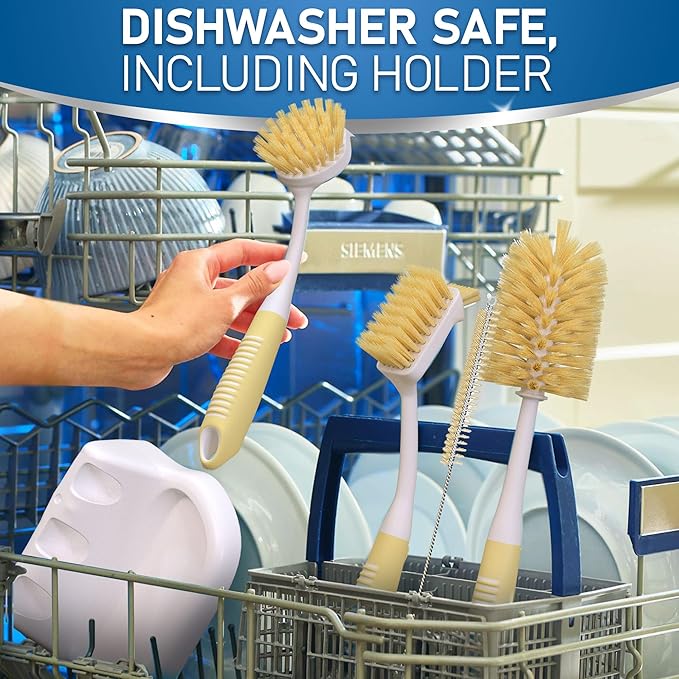 Dish Brush Set of 5 with Holder - Kitchen Scrub Brushes with Non-Slip Long Handle for Cleaning, Scrubber, Dishwashing, Dishes, Bottles, Straws, Cups, Pots & Sink, Baige