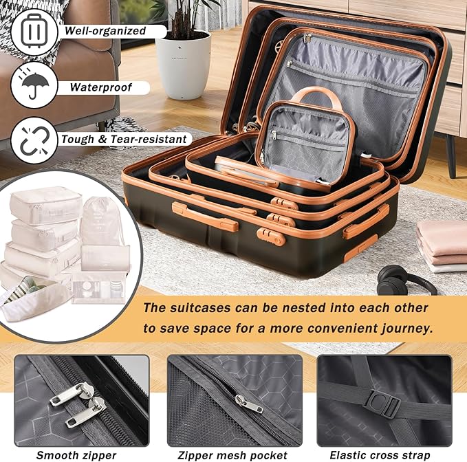 Merax Luggage Set 13 Piece, Hardshell ABS Suitcases with 8 Silent Spinner Wheels, Durable and Lightweight Travel Luggage for Family Trips, Black Brown