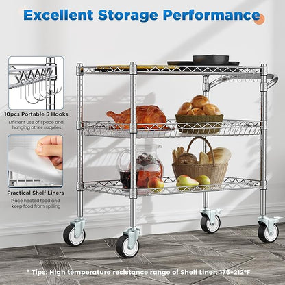Leteuke Heavy Duty 3 Tier Rolling Utility Cart,NSF Certified 990Lbs Capacity Rolling Carts with Wheels,Commercial Grade Metal Cart with Handle Bar & Shelf Liner,Trolley Serving Cart for Kitchen,Chrome
