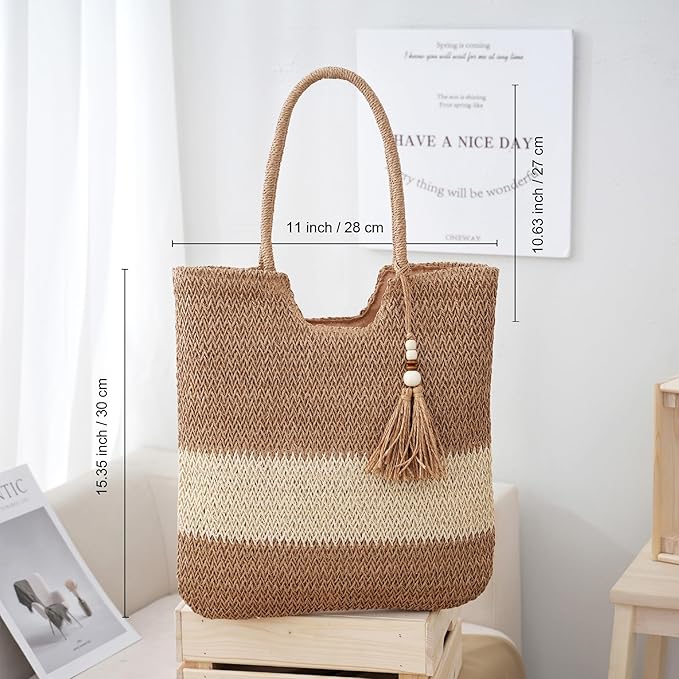 Straw Beach Bags for Women Woven Beach Tote Bag Casual Boho Large Shoulder Handbags Purse for Vacation Holiday