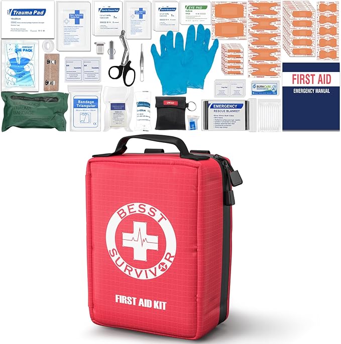 Premium First Aid Kit with Labelled Compartments, Emergency Survival Kit for Car, Home, Hiking and Travel – Compact Medical Kit for Roadside Emergencies, Outdoor Adventures, and Everyday Safety