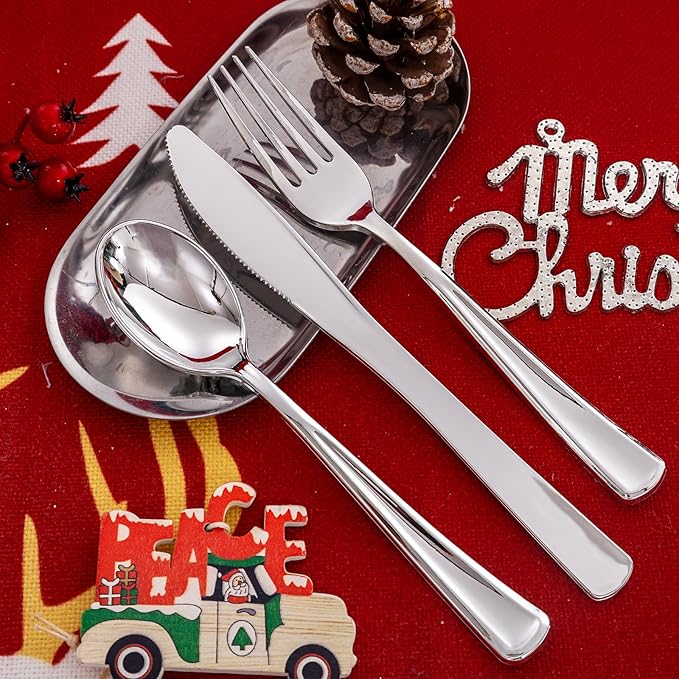 Liacere 200Pcs Silver Plastic Cutlery - Silver Plastic Silverware- Disposable Silverware - 100 Forks, 50 Spoons, 50 Knives Perfect for Wedding＆Christmas