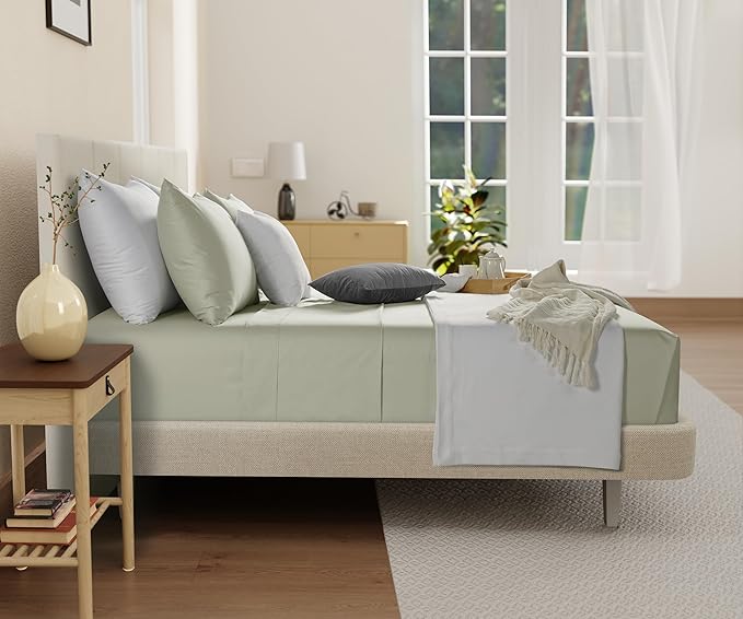 King Bed Sheets Deep Pocket King Sheet Set, 300 Thread Count Long Staple Fully Elasticated Organic Cotton Sheet & Pillowcase sets, Machine Wash No Pill Naturally Breathable Cotton Bedding- Sage