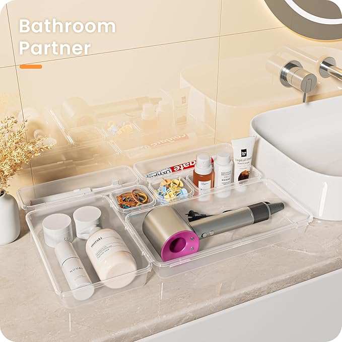 A-LuGei 【Military Grade】 Drawer Organizer, 【𝟱𝗦𝗶𝘇𝗲】 Clear Makeup organizer, 【Holds 177 Items】 Bathroom Organizers and Storage, Plastic Desk Organizer Divider, Organizer Bins for Office Vanity