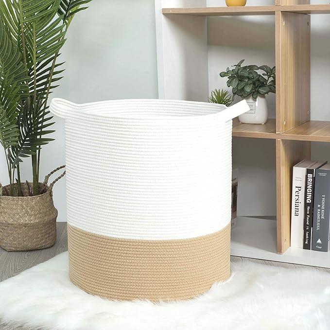 MINTWOOD Design 83L Extra Large 20x18in Decorative Woven Cotton Rope Blanket Basket with Handles, Tall Laundry Hamper for Living Room, Round Storage for Pillows, Towels, Shoes, Beige